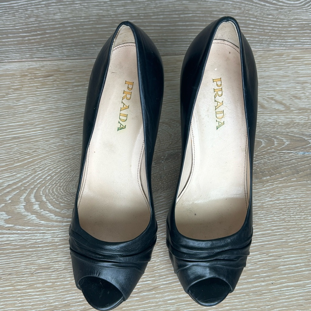 Prada Black Leather Peep Toe Heels , 37.5